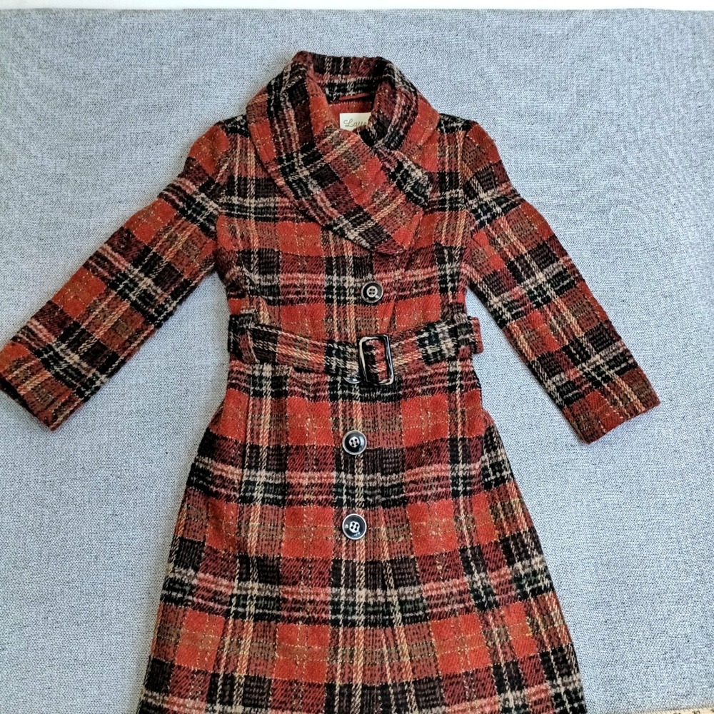 Latte By Coffeeshop Trench Coat Womens Small Rust Plaid Sequin Belted Excellent